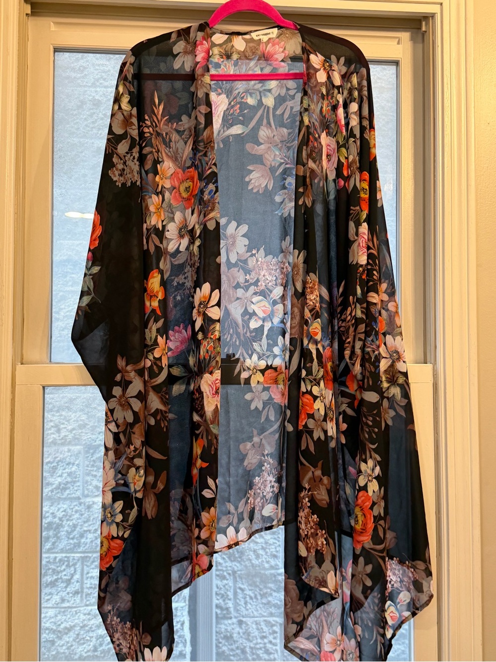 eesome Black Sheer Floral Kimono Jacket with Multicolor Blooms